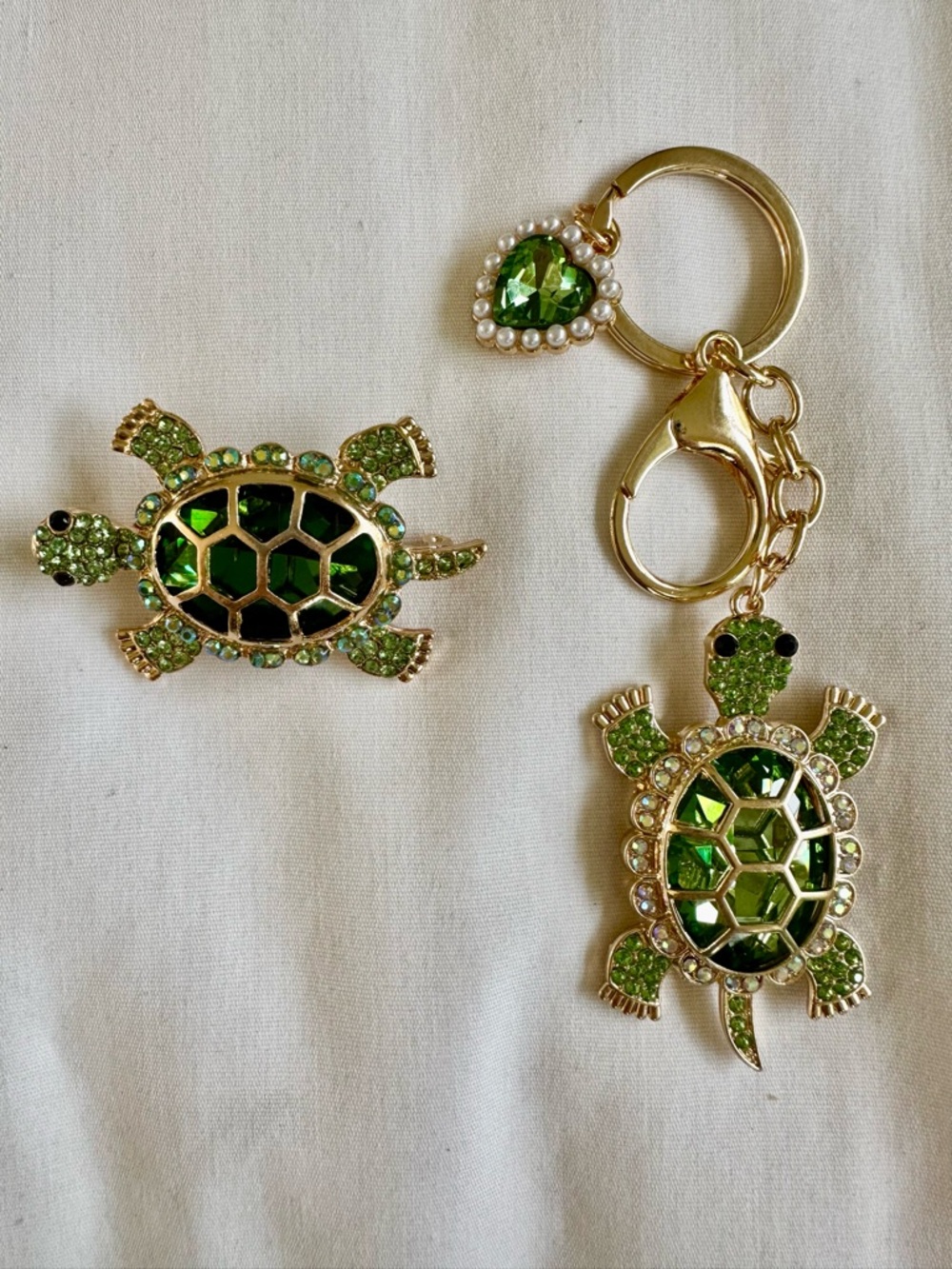 Green Crystal Turtle Brooch and Keychain Set